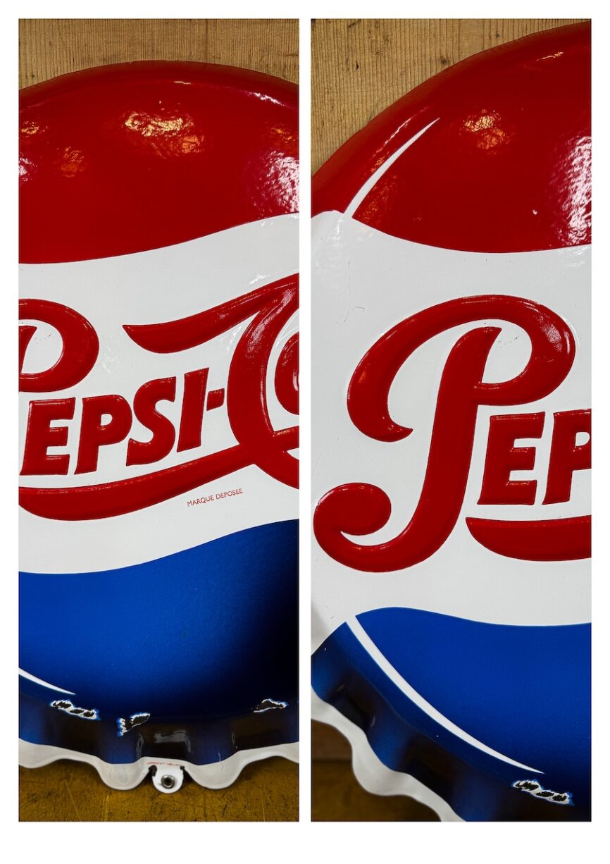 Plaque émaillée Pepsi cola 1950 capsule 50cm – Objet unique à vendre